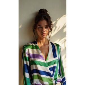 Mango Geometric Print Satin Blouse Size S – Colorful Wrap Style Top